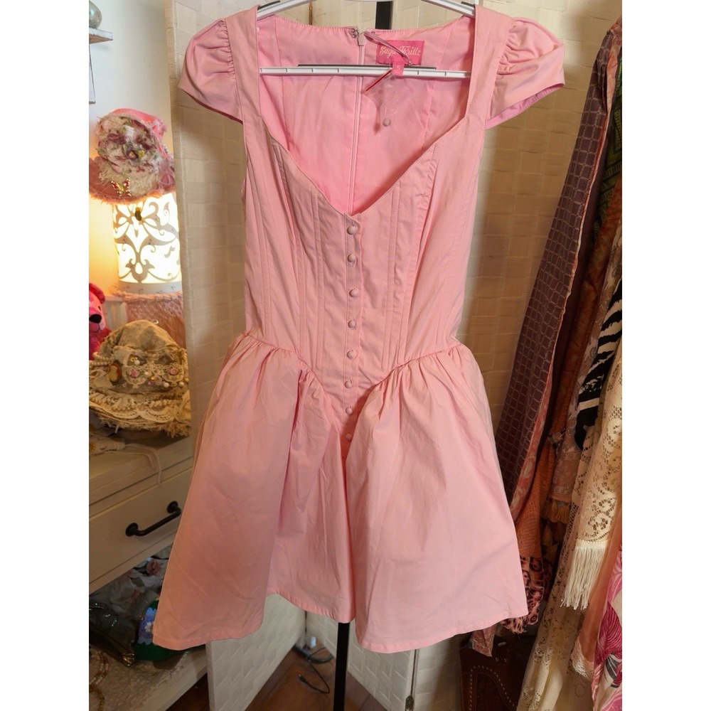 Dolls Kill Sugar Thrillz Puff Mini Dress Pink Cap Sleeve BarbieCore Whimsy Fairy - Picture 2 of 3